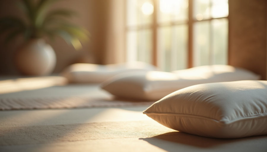 Close-up view of a peaceful meditation space with cushions and soft natural light