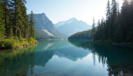 Eye-level view of a serene mountain lake in Banff with calm water reflecting pine trees