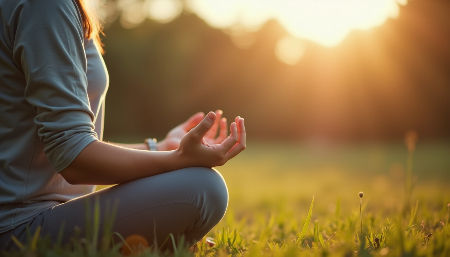 Close-up view of a person practicing deep breathing outdoors