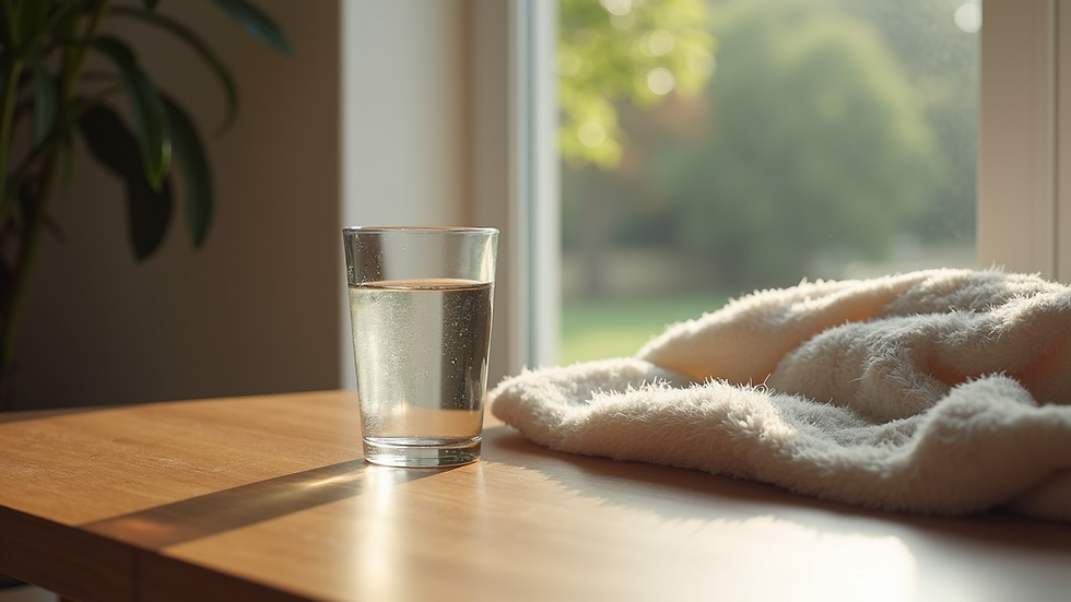 Close-up view of a glass of water on a wooden table next to a soft blanket