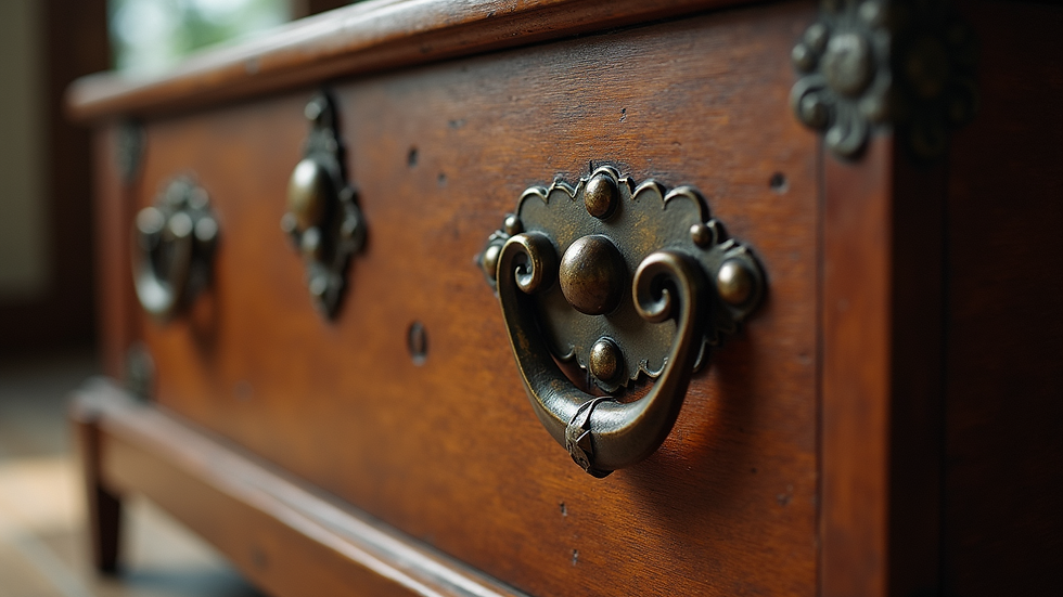 Eye-level view of a vintage wooden chest with ornate metal handles