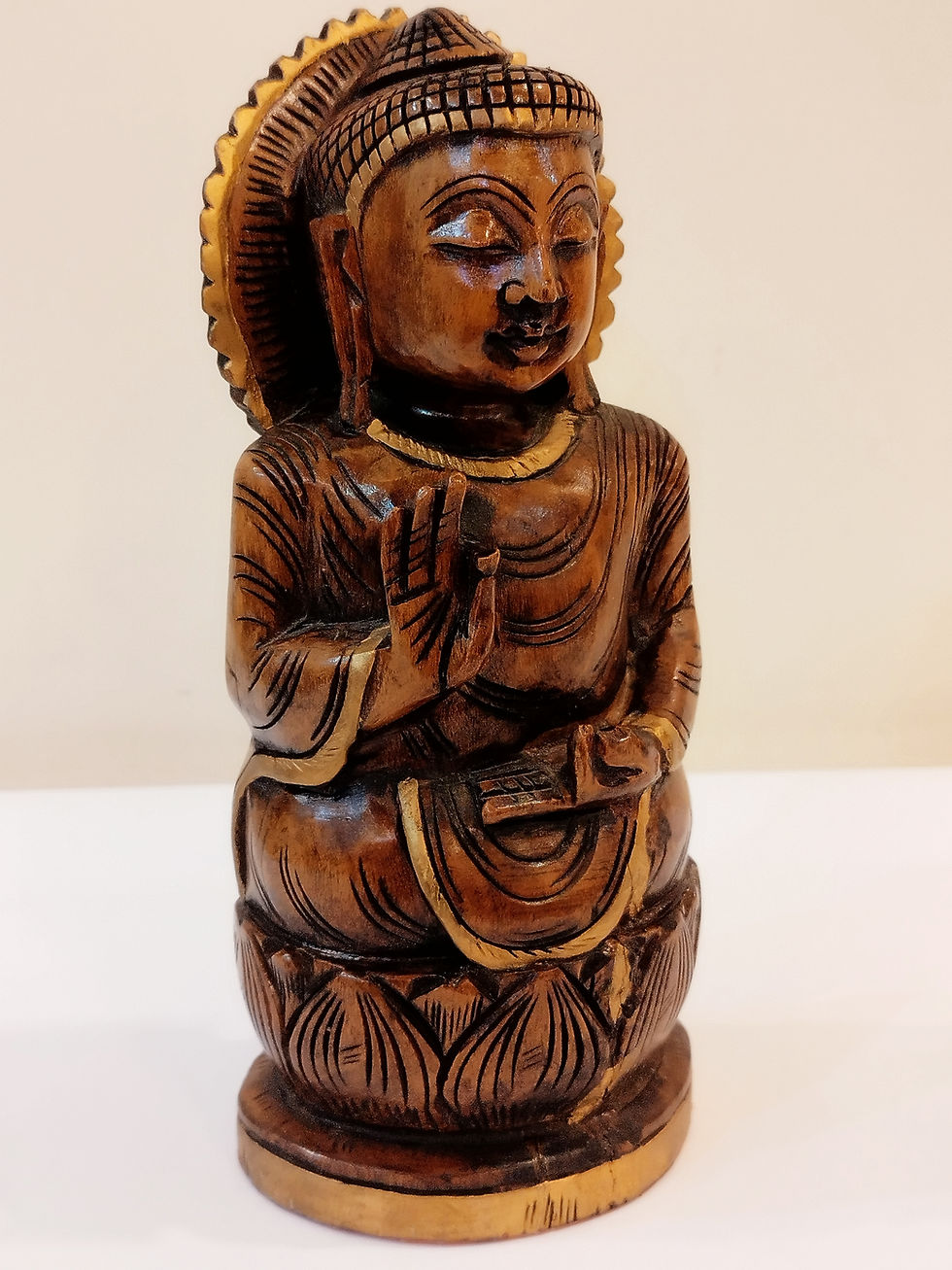 Thumbnail: Handcrafted Oily Wood antique Buddha Statue ( Oxidised kadam wood) - 8 Inches