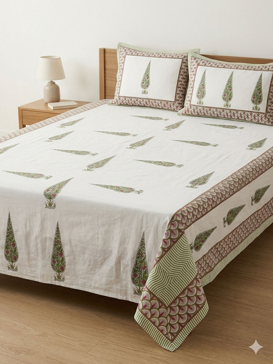 Hand Block Print Cotton Bedsheet, Indian King Size Bedspread(International)