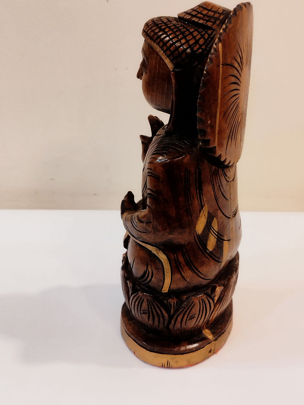 Thumbnail: Handcrafted Oily Wood antique Buddha Statue ( Oxidised kadam wood) - 8 Inches