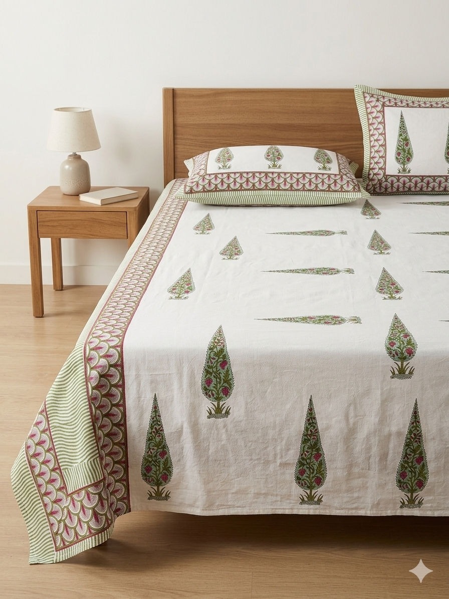 Thumbnail: Hand Block Print Cotton Bedsheet, Indian King Size Bedspread(International)