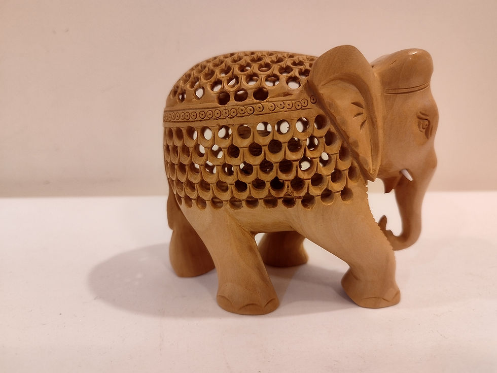 Thumbnail: Hand Carved Kadam Wood Elephant Sculpture: Mother and Baby Onyx Inlay - 4 Inch S