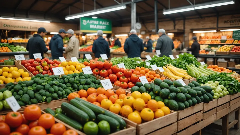 Eye-level view of a fresh produce market stall
