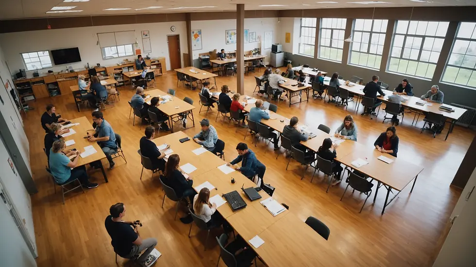 High angle view of a community center hosting workshops for local entrepreneurs
