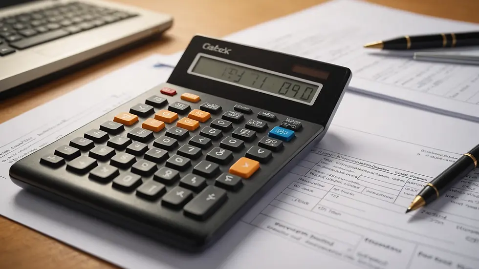 Close-up view of a calculator and financial documents on a desk