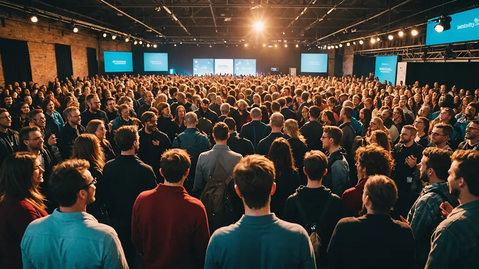 Eye-level view of a colorful crowdfunding event filled with community engagement