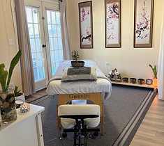 Reiki session area and singing bowls at Spirit River Reiki in Langley