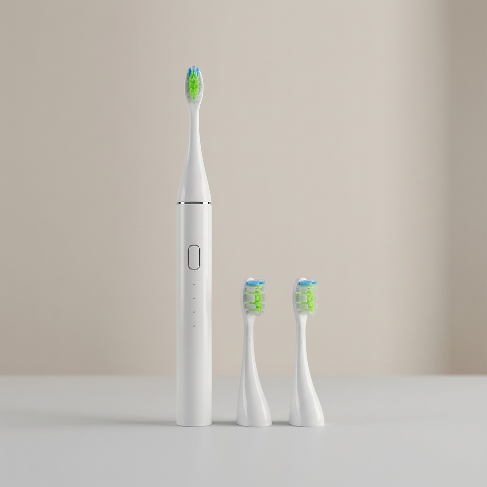 Eye-level view of a bathroom sink with a premium electric toothbrush and toothpaste