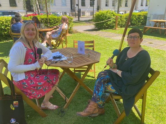 Jo Durrant interviewing Rebecca Wragg Sykes, Cheltenham Science Festival.