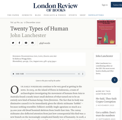 London Review Of Books review of 'Kindred: Neanderthal Life, Love, Death, and Art' by Rebecca Wragg Sykes.