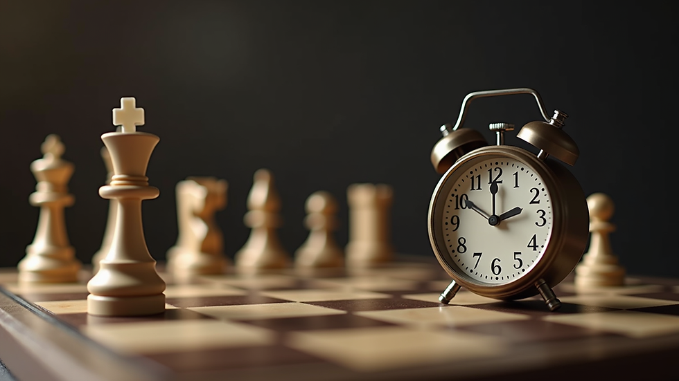 Close-up view of a chess clock and board set up for a timed match