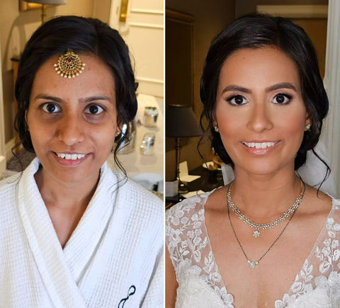Before and after bridal makeover transformation.