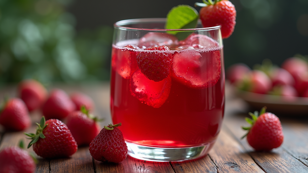 Close-up view of a glass filled with vibrant red fruit elixir