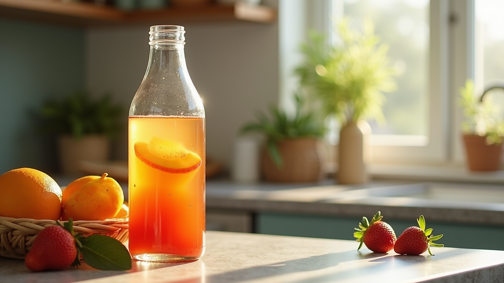 Eye-level view of a kitchen counter with a bottle of fruit elixir and fresh fruits