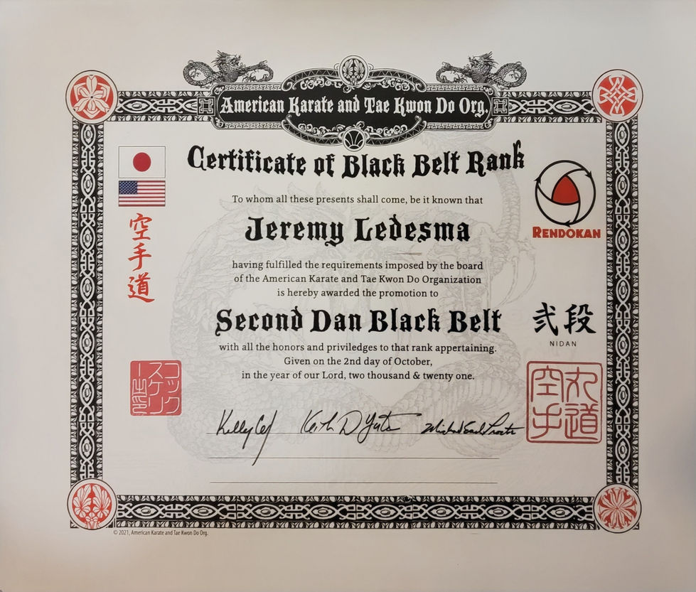 2nd Black Belt - Certificate and Recognition for AKATO signed and approved by Grand Master Keith Yates.
