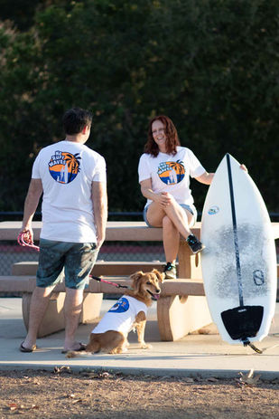 A couple and their dog wearing matching dog and owner shirts