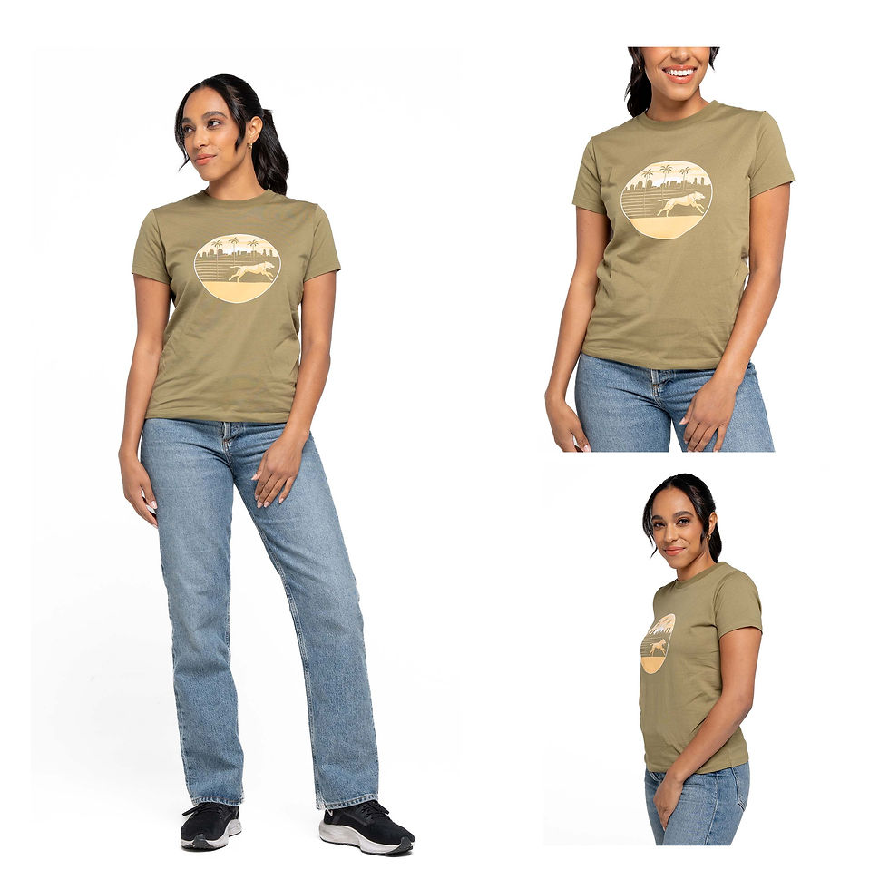 Thumbnail: Front, side, and close up of a Woman modelling a dog mom shirt in olive drab with a dog running design