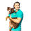 Thumbnail: Man holding a dog dressed in organic cotton matching dog and owner shirts in teal with Tails on Trails hiking dog designs