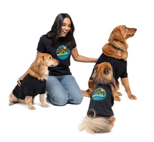 Woman and her three dogs wearing matching shirts