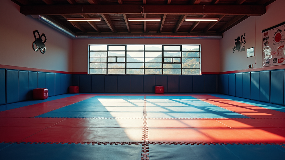 Eye-level view of a martial arts gym with mats and training equipment