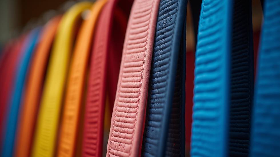 Close-up view of martial arts belts arranged by color