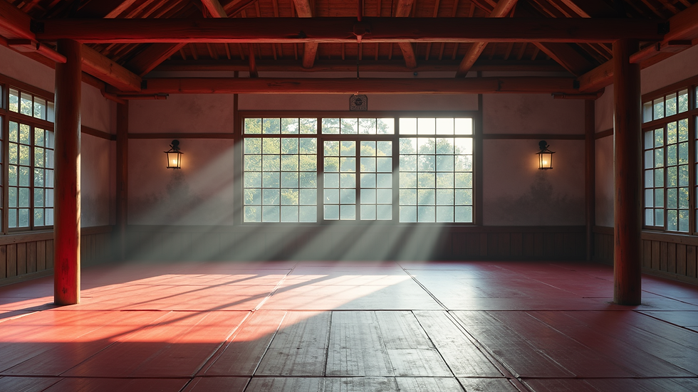 Eye-level view of a martial arts dojo with training mats