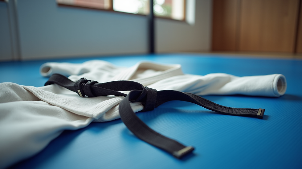 Close-up view of a sambo gi and belt laid out on a training mat