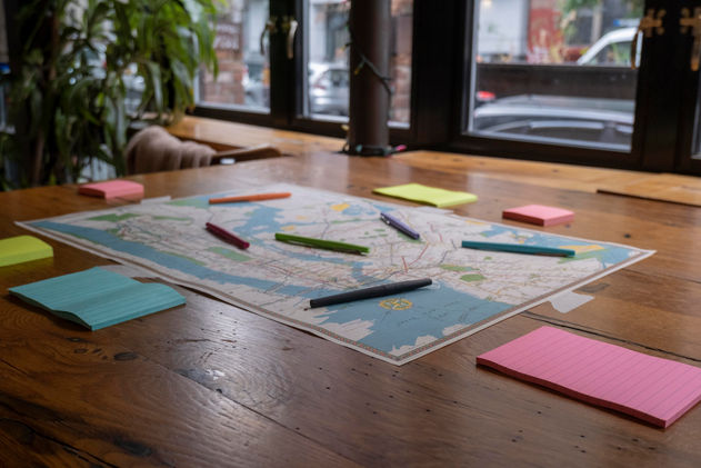 A map of NYC is on a table, with colored pens on top and surrounded by notepads and post-it notes of different colors.