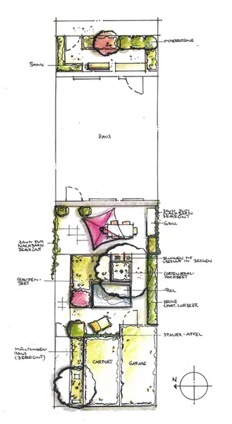 Plan von kleinem Reihenmittelhausgarten ohne Rasen
