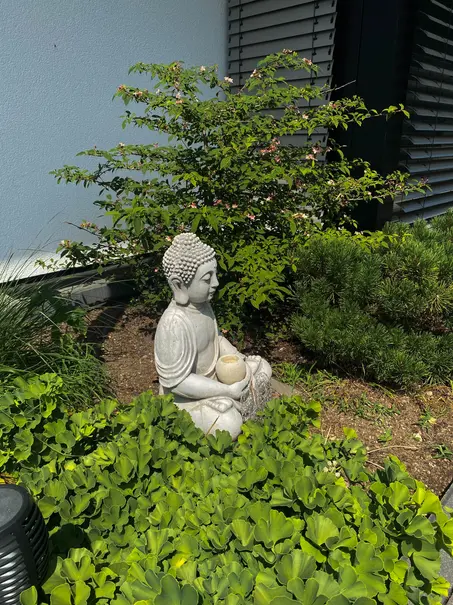 Sitzender Buddha aus Stein in ruhiger Gartenecke mit asiatisch anmutender Bepflanzung