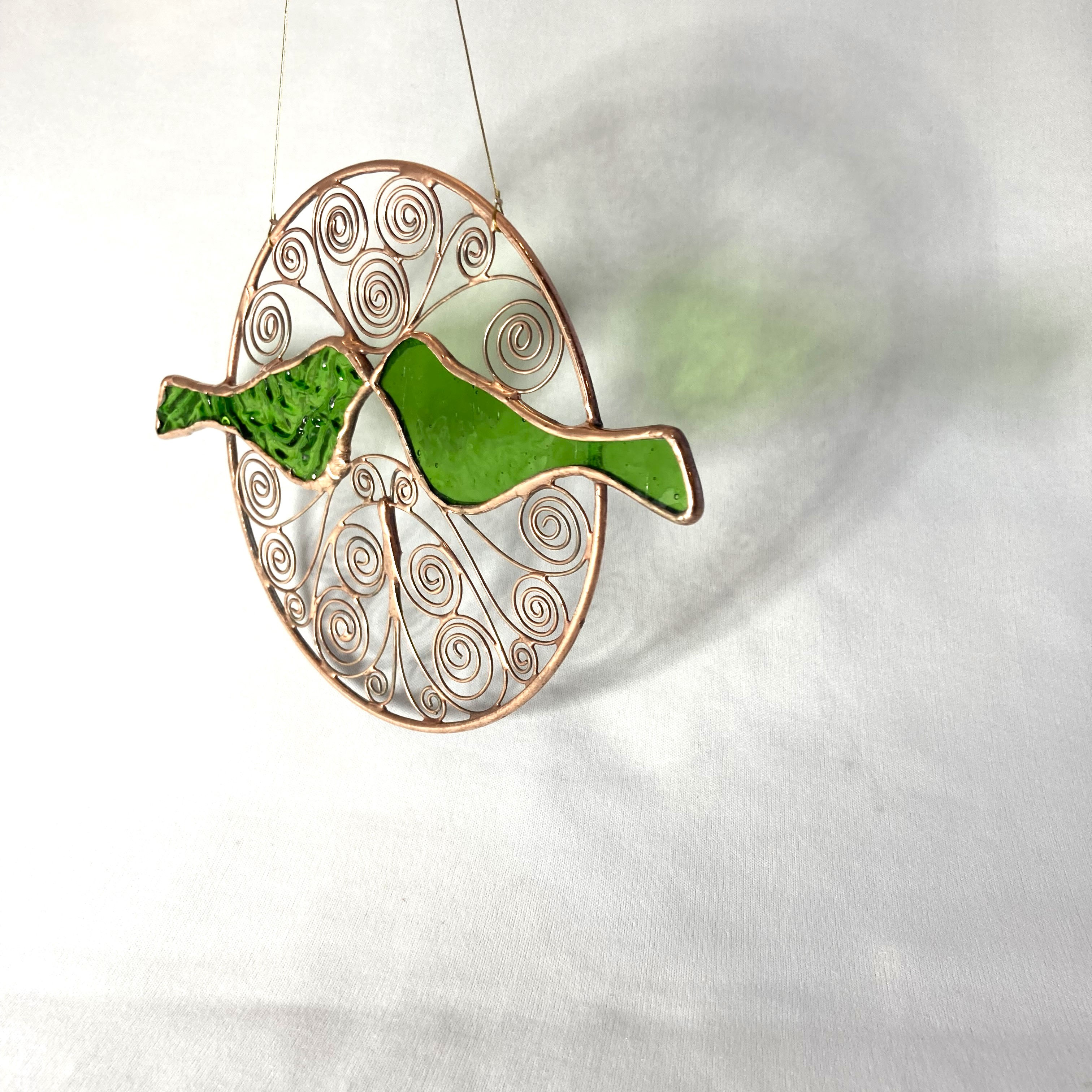 Green Kissing Birds in Brass Hoop