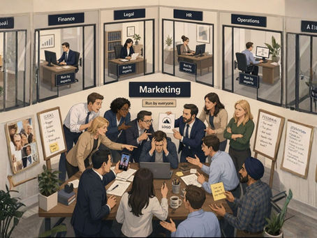 Profissional de marketing rodeado de pessoas que tentam fazer suas ideias serem ouvidas enquanto outras áreas permanecem operando com tranquilidade e sem interferência externa