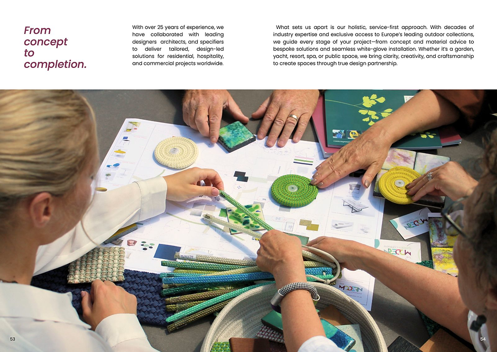 People collaborating over design samples and plans. Bright materials, ropes, and tiles on a table. Text: "From concept to completion."