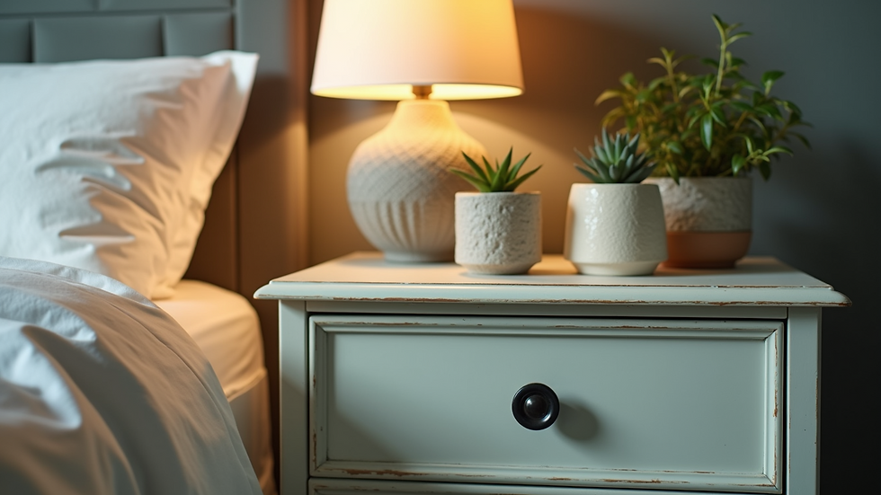 Close-up view of a vintage nightstand reimagined with new paint and decor