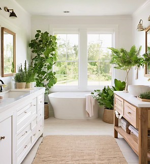 farmhouse bathroom white with plants showing sink shower bathtub vanity.jpg