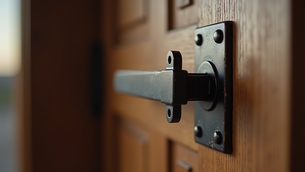 Close-up view of a timber fire door with metal hinges