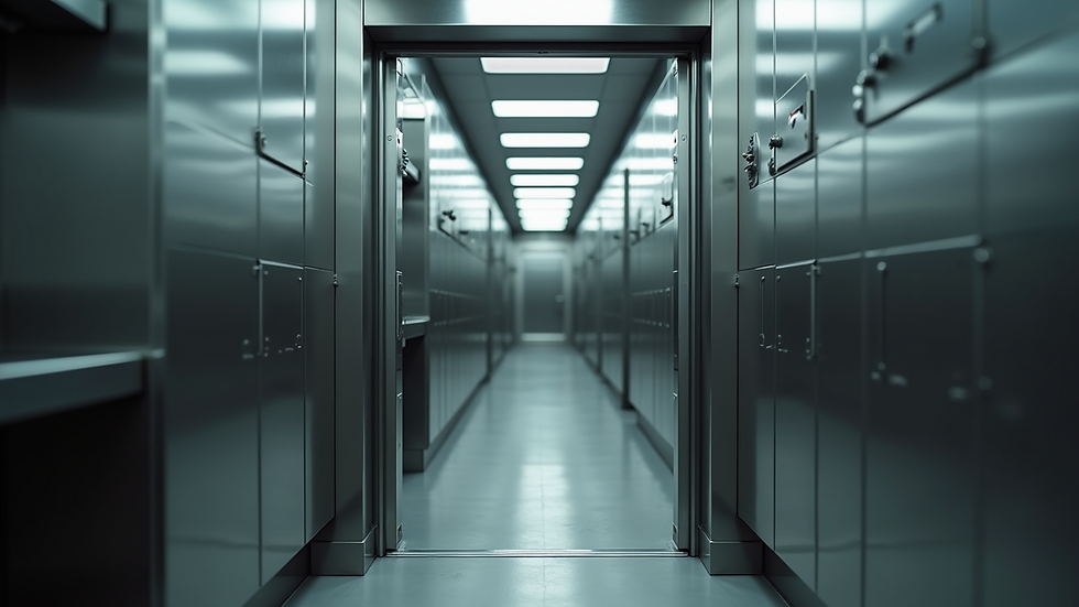 Eye-level view of steel fire door installed in a commercial kitchen