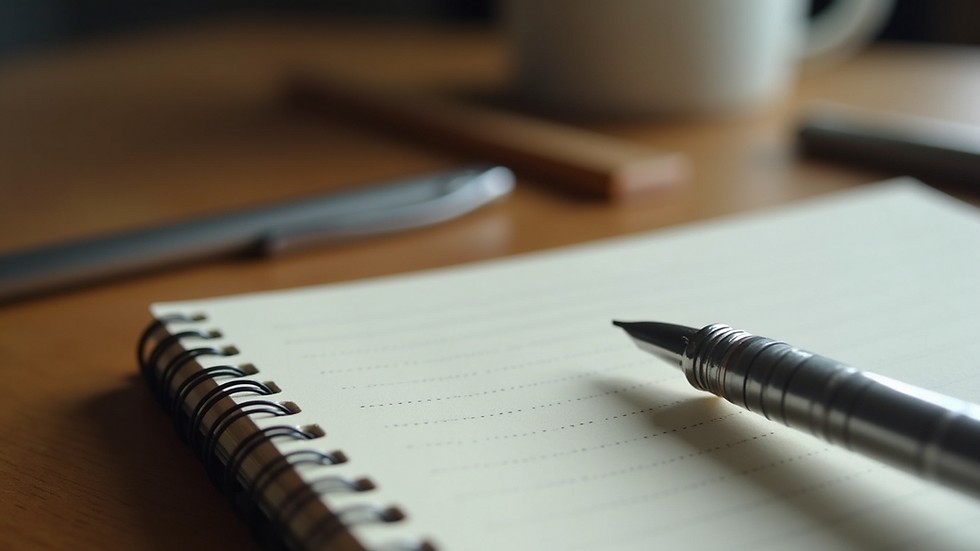 Close-up view of a journal and pen on a wooden table