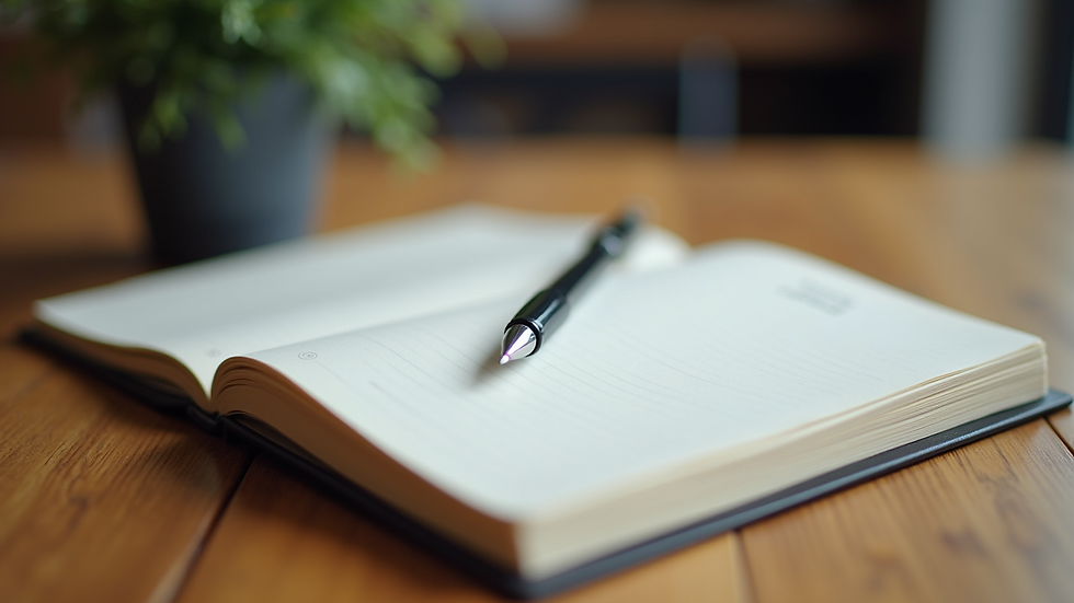 Close-up view of a journal and pen on a wooden table, ready for writing
