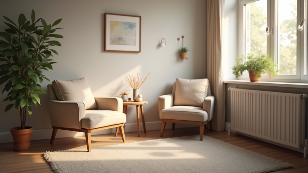 Eye-level view of a cozy counselling room with soft lighting and comfortable chairs