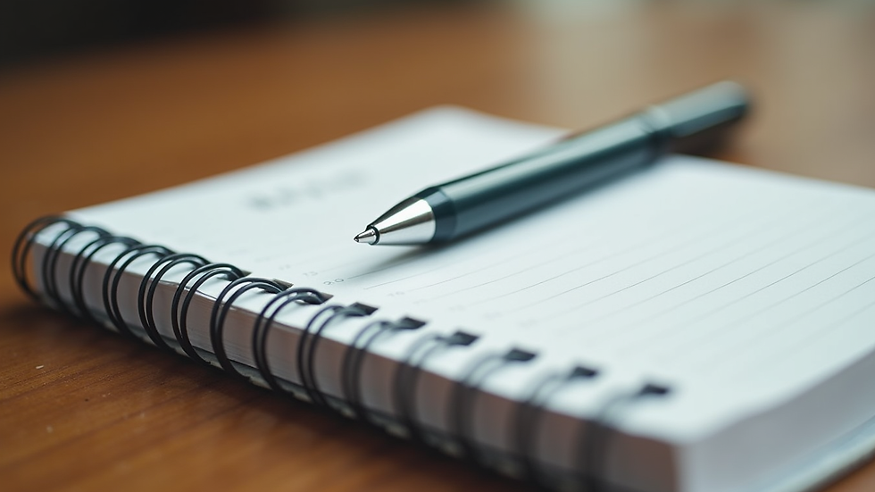 Close-up view of a journal and pen on a wooden table, symbolizing self-reflection and mental health care
