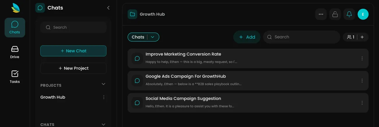 Emerge.ai for iPad: the Chats view inside the Growth Hub project, with three team chats listed