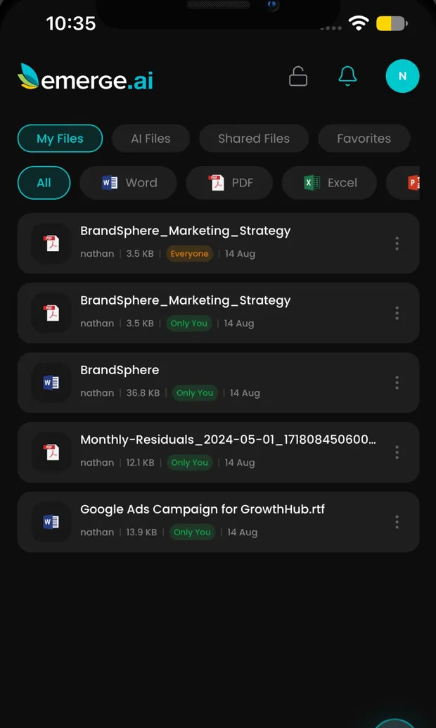 Emerge.ai for iPhone: My Files in Drive, filtered by All, Word, PDF and Excel