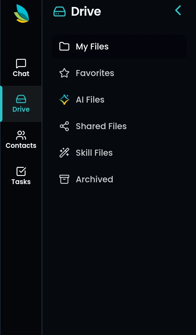 Emerge.ai Drive panel with My Files, Favorites, AI Files, Shared Files, Skill Files and Archived