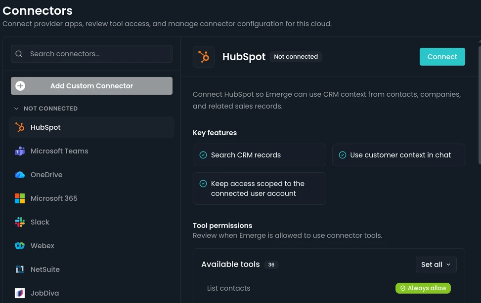Emerge.ai Cloud Settings, Connectors: HubSpot, Microsoft Teams, OneDrive, Microsoft 365, Slack, Webex, NetSuite and JobDiva, with Add Custom Connector and tool permissions