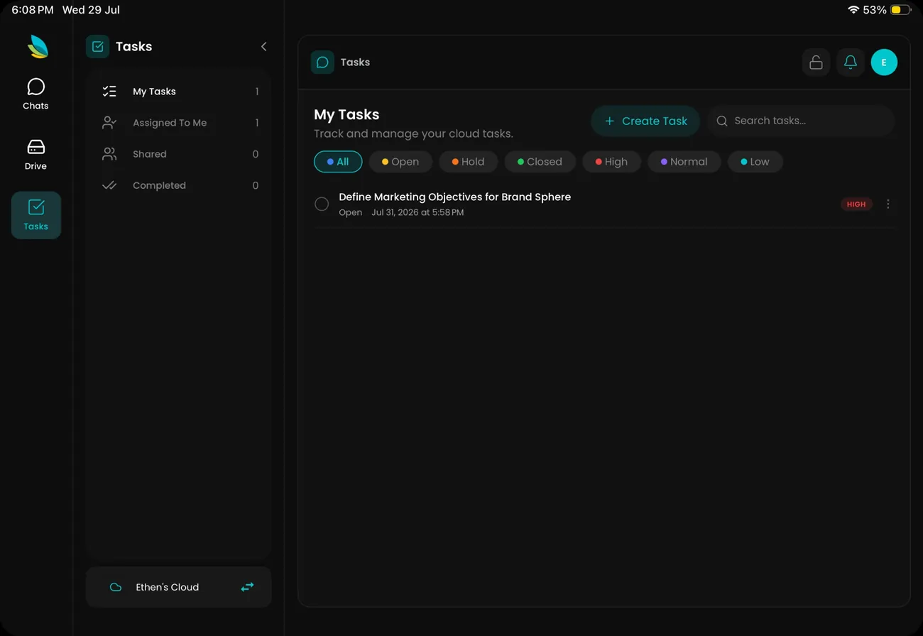 Emerge.ai for iPad: the Tasks view with status and priority filters and a Create Task button